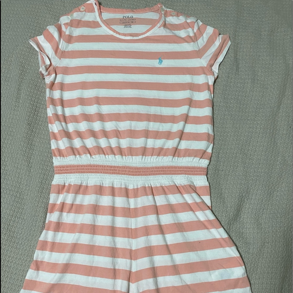 Girls Polo Ralph Lauren pink and white stripe romper size Large (12-14)